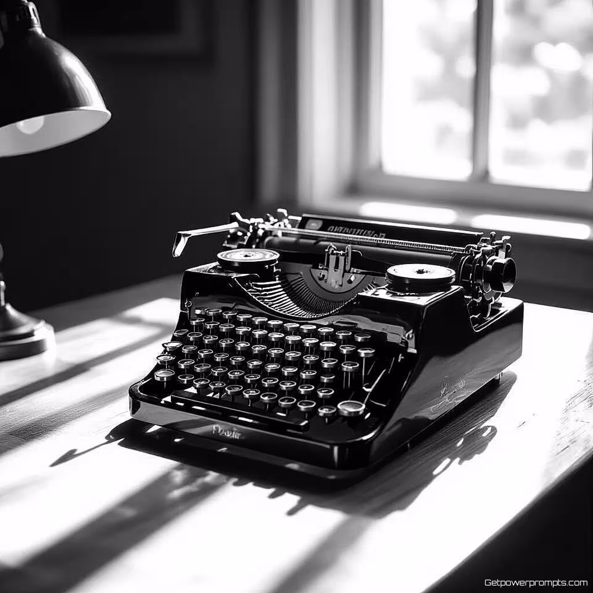 Vintage typemachine op bureau, cinematografische zwart-wit fotografie, klassieke film noir, dramatische lage hoek perspectief, dramatische chiaroscuro belichting, dreigende sfeer sfeer, dramatische verhaalvertelling, film noir esthetiek, hoog contrast monochroom, atmosferische schaduwen, professionele kwaliteit