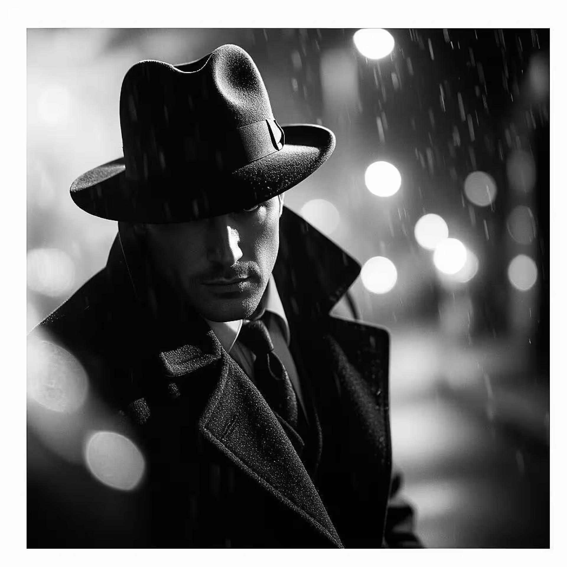 Detective met fedora, cinematografische zwart-wit fotografie, klassieke film noir, dramatische lage hoek perspectief, dramatische chiaroscuro belichting, dreigende sfeer sfeer, dramatische verhaalvertelling, film noir esthetiek, hoog contrast monochroom, atmosferische schaduwen, professionele kwaliteit
