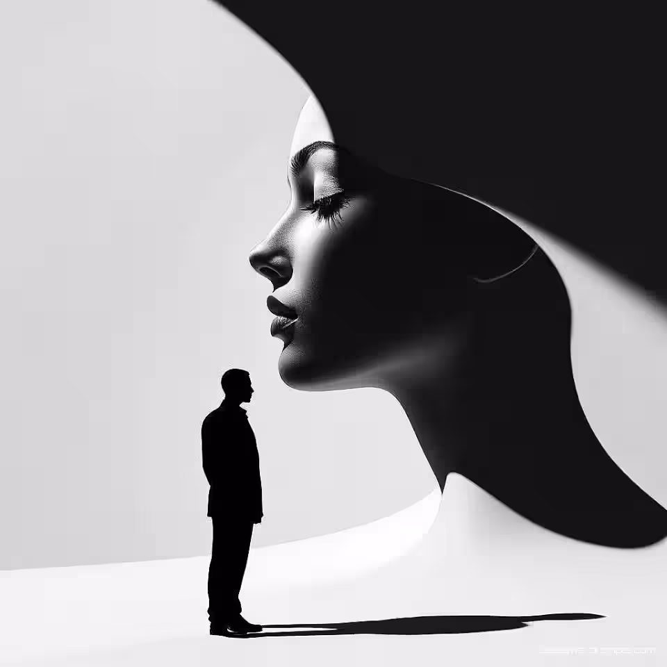 Abstracte menselijke figuur, conceptuele kunstfotografie, zwart-wit, surrealisme, close-up perspectief, dramatische schaduwen belichting, dromerig atmosfeer, surrealistische elementen, symbolische beeldtaal, fine art esthetiek, monochrome tonen, professionele kwaliteit