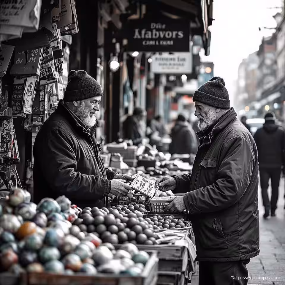 Lokale marktactiviteit, zwart-wit documentaire fotografie, omgevingsportret perspectief, natuurlijk omgevingslicht belichting, authentieke sfeer sfeer, authentieke momenten, fotojournalistieke stijl, monochrome tonen, spontaan realisme, omgevingscontext, professionele kwaliteit