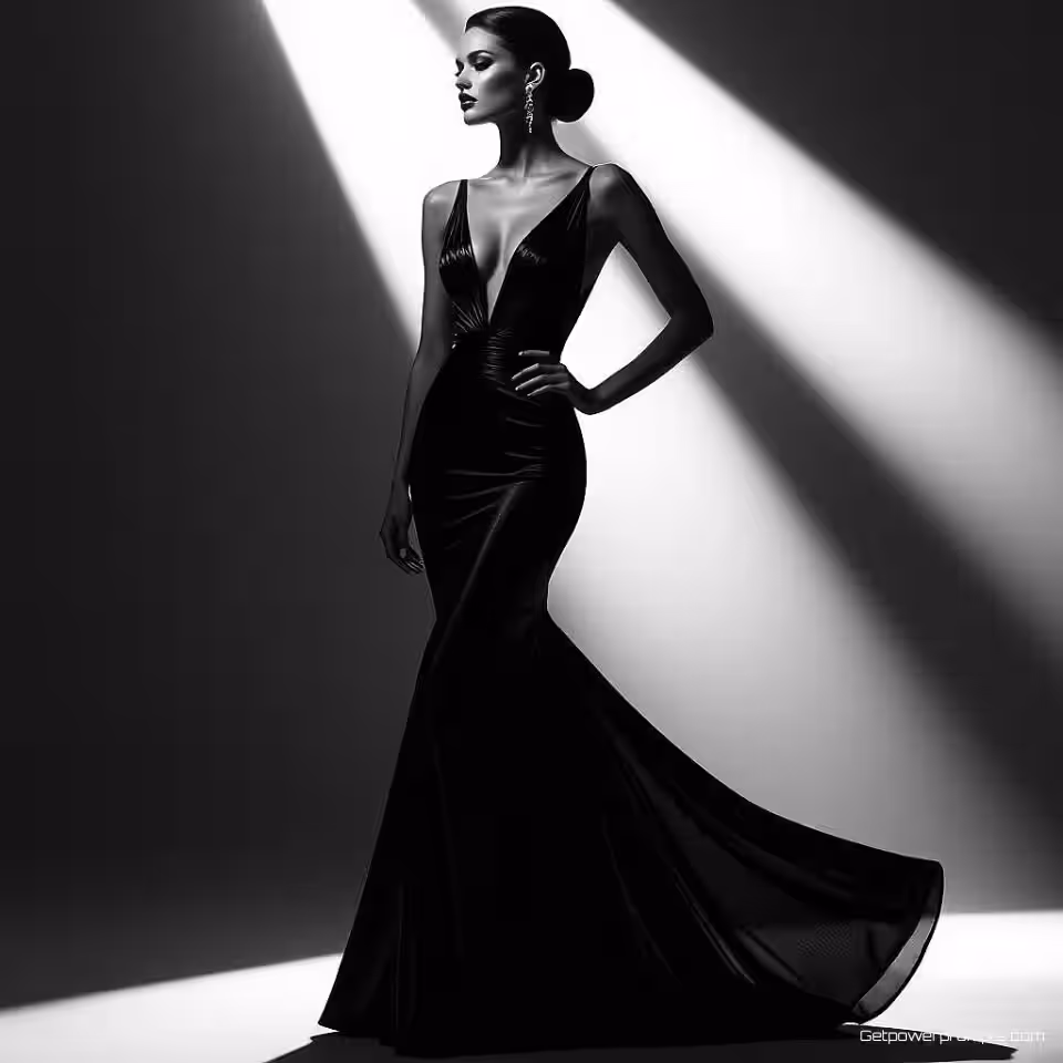 Mode model in avondjurk, zwart-wit modefotografie, redactionele mode, volledige lichaamscompositie perspectief, dramatische studiobelichting belichting, dramatische sfeer sfeer, redactionele stijl, hoog contrast monochroom, dramatische schaduwen, fijne kunst esthetiek, professionele kwaliteit, textuur details