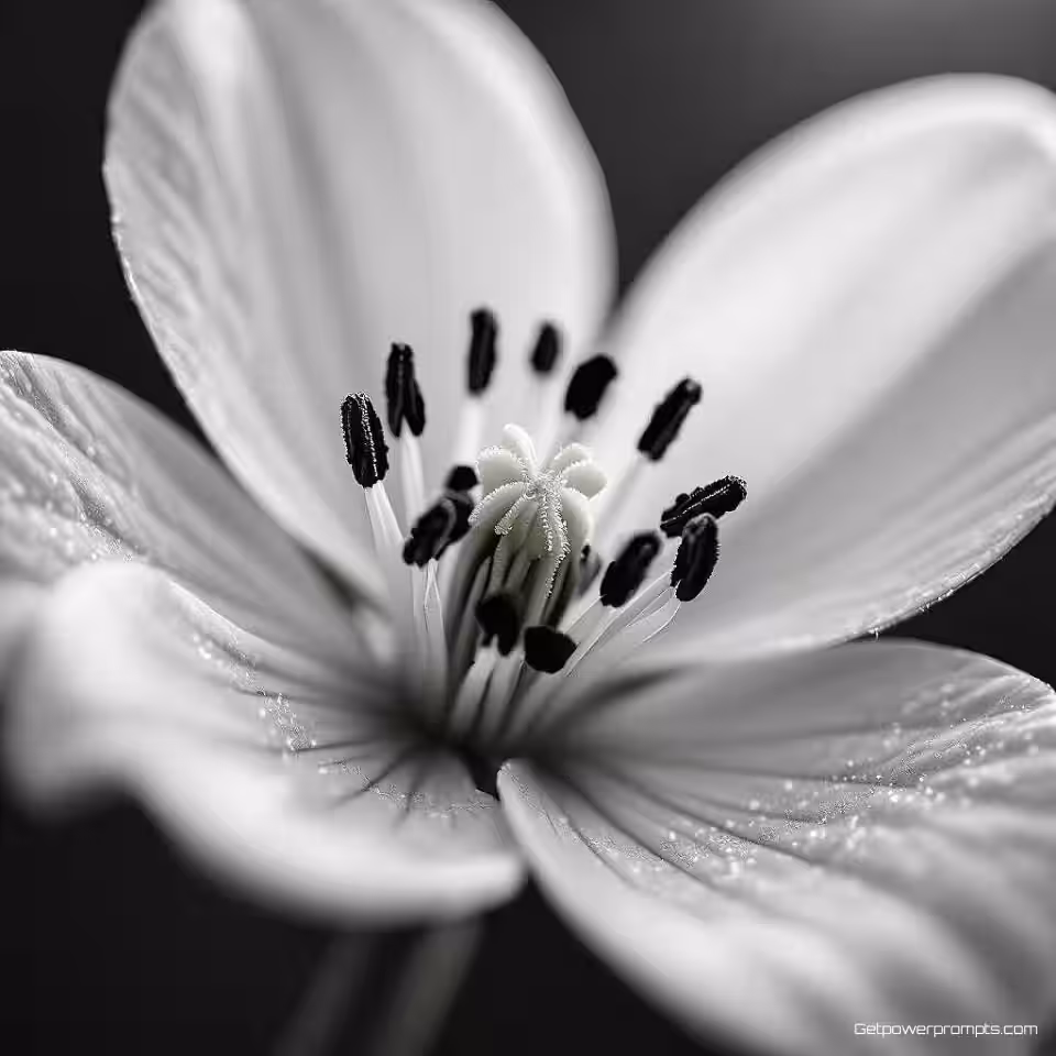 Bloemstempels en stampers, zwart-wit macrofotografie, extreme close-up perspectief, dramatische zijbelichting belichting, dramatisch atmosfeer, extreme close-up, fine art esthetiek, monochrome tonen, textuurdetails, ondiepe scherptediepte, professionele kwaliteit