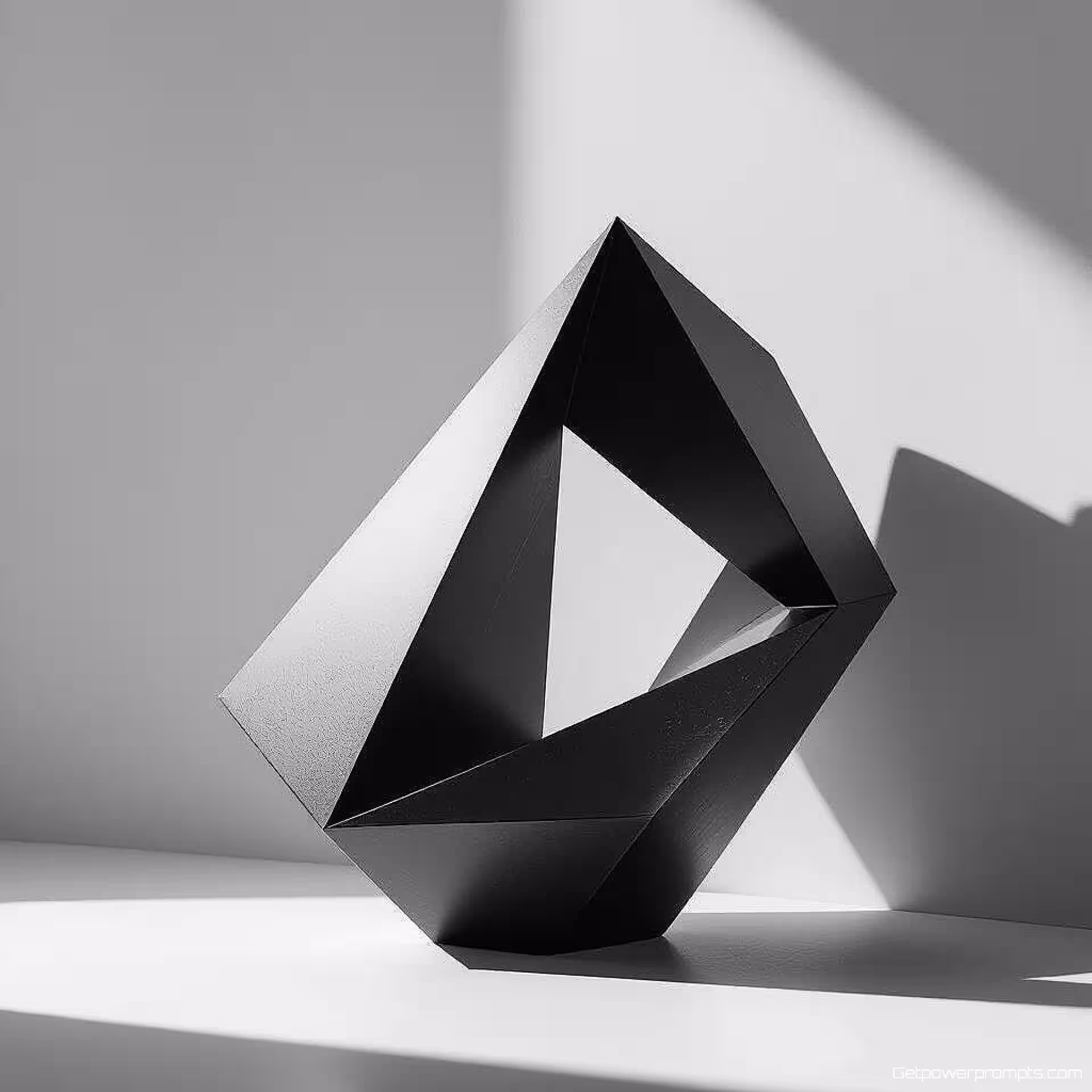 Geometrisch sculptuur, zwart-wit minimalistische fotografie, close-up perspectief, zachte natuurlijke belichting belichting, serieus sfeer, schone lijnen, negatieve ruimte, geometrische eenvoud, monochrome tonen, fijne kunst esthetiek, professionele kwaliteit