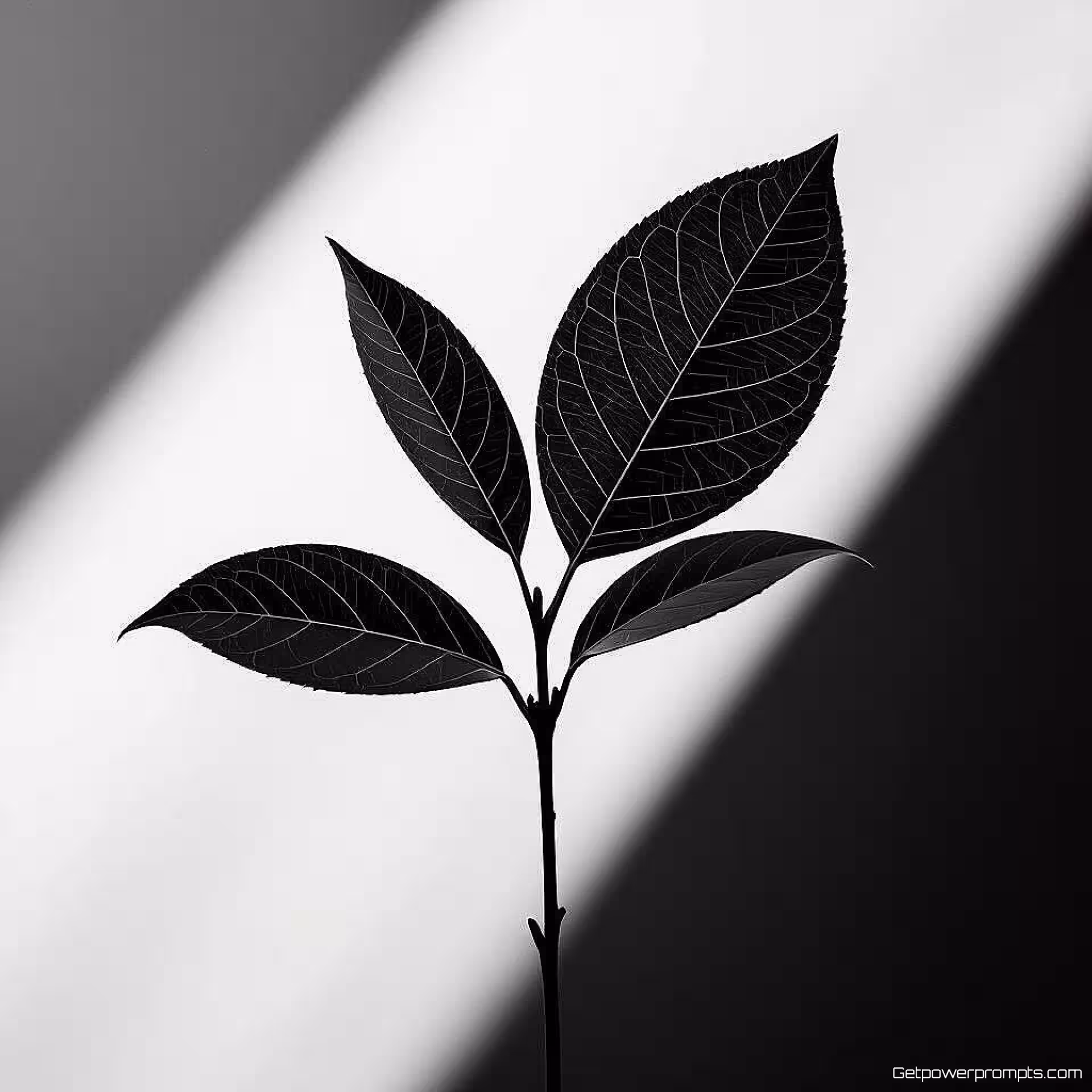 Enkel blad, zwart-wit minimalistische fotografie, close-up perspectief, zachte natuurlijke belichting belichting, serieus sfeer, schone lijnen, negatieve ruimte, geometrische eenvoud, monochrome tonen, fijne kunst esthetiek, professionele kwaliteit