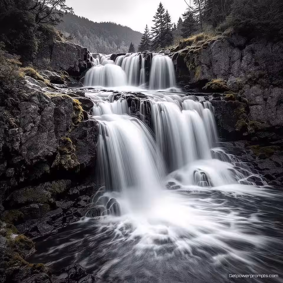 Stromende waterval, zwart-wit natuurfotografie, fine art esthetiek, breed landschapsperspectief perspectief, gouden uur belichting belichting, dramatische sfeer sfeer, organische texturen, fine art esthetiek, monochrome tonen, natuurlijke omgeving, professionele kwaliteit