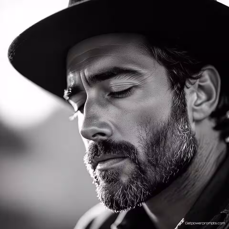 Muzikant, zwart-wit portretfotografie, dramatische zijbelichting belichting, beschouwend sfeer, close-up perspectief, hoog contrast, dramatische schaduwen, fine art esthetiek, monochrome tonen, professionele kwaliteit