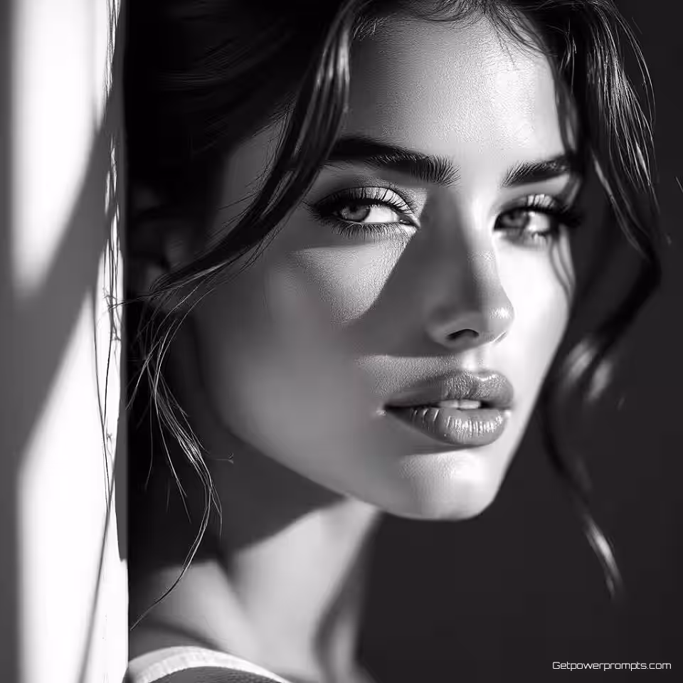 Professioneel model, zwart-wit portretfotografie, dramatische zijbelichting belichting, beschouwend sfeer, close-up perspectief, hoog contrast, dramatische schaduwen, fine art esthetiek, monochrome tonen, professionele kwaliteit