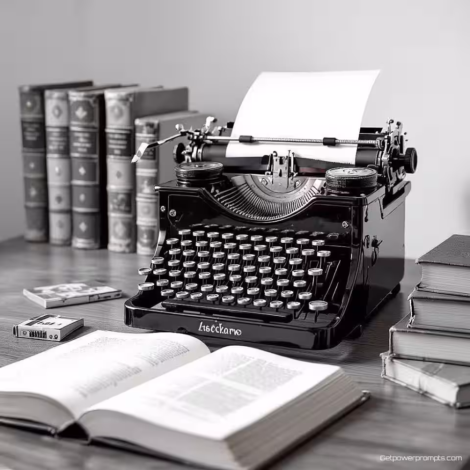 antieke typemachine en boeken, zwart-wit stilleven fotografie, close-up perspectief, dramatische zijbelichting belichting, melancholisch sfeer, kunstzinnige esthetiek, monochrome tonen, studio-opstelling, textuurdetails, professionele kwaliteit, dramatische schaduwen