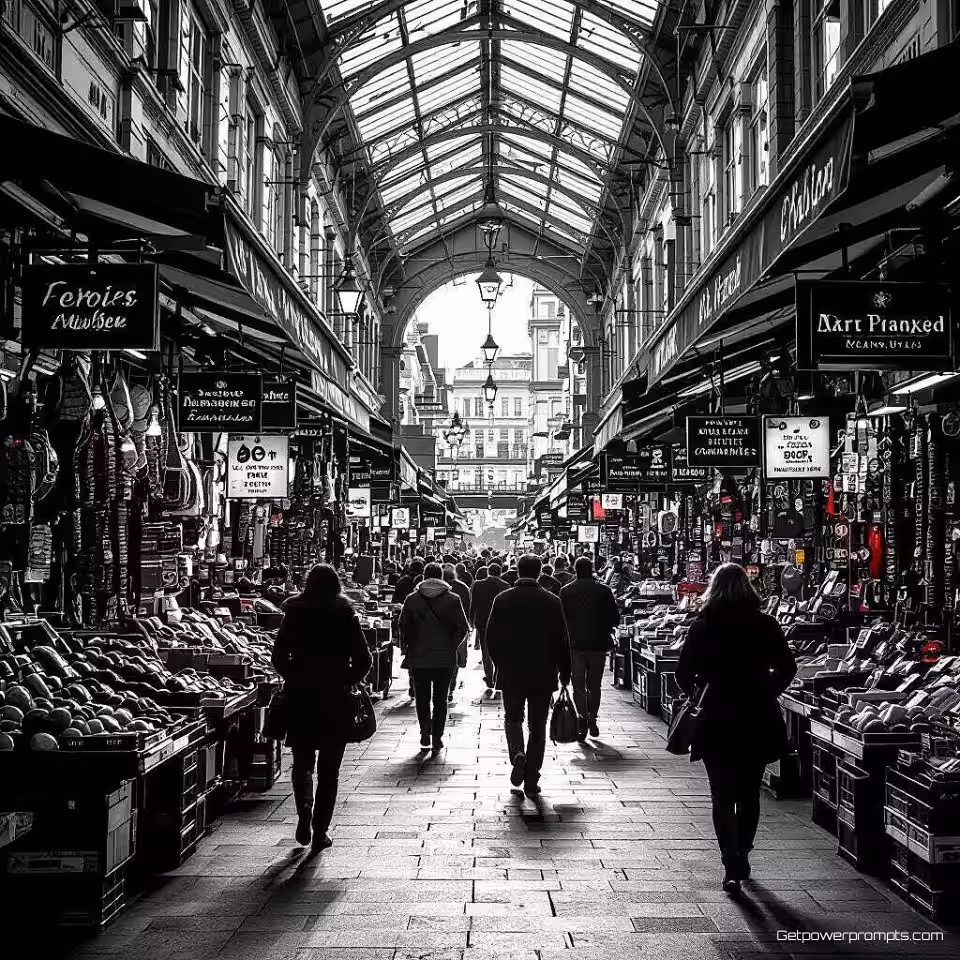 Drukke stadsmarkt, zwart-wit straatfotografie, groothoek perspectief perspectief, natuurlijk daglicht belichting, nostalgische sfeer sfeer, stedelijke omgeving, spontane momenten, hoog contrast monochroom, documentaire stijl, fine art esthetiek, professionele kwaliteit