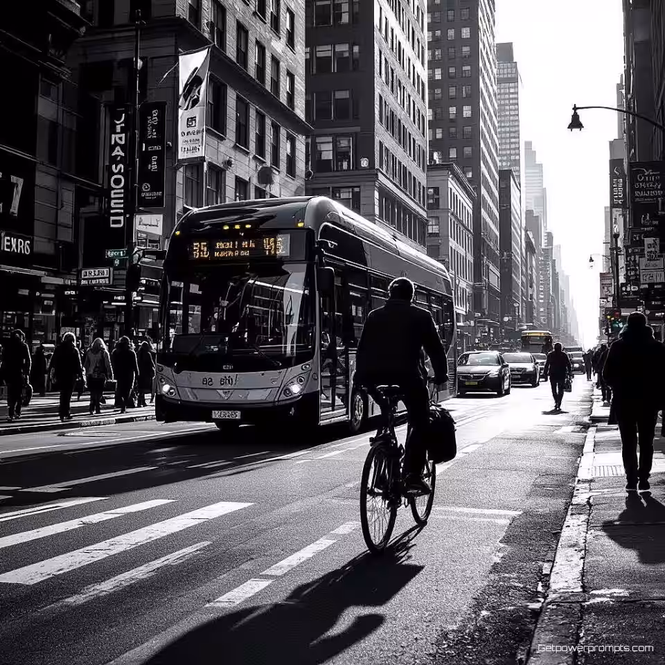 Stedelijke forensenscène, zwart-wit straatfotografie, groothoek perspectief perspectief, natuurlijk daglicht belichting, nostalgische sfeer sfeer, stedelijke omgeving, spontane momenten, hoog contrast monochroom, documentaire stijl, fine art esthetiek, professionele kwaliteit
