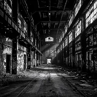 Verlaten fabrieksinterieur, zwart-wit urban exploration fotografie, groothoek perspectief perspectief, dramatische verlichting verlichting, sombere sfeer atmosfeer, verlaten ruimtes, industrieel verval, textuurdetails, hoog contrast monochroom, fine art esthetiek, dramatische schaduwen, professionele kwaliteit