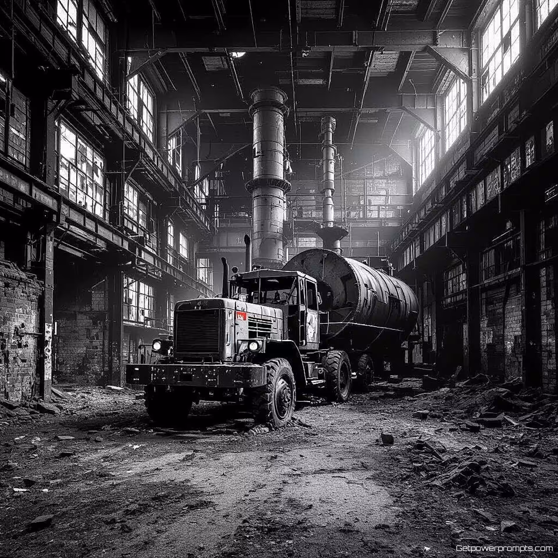 Industriële machinerie verval, zwart-wit urban exploration fotografie, groothoek perspectief perspectief, dramatische verlichting verlichting, sombere sfeer atmosfeer, verlaten ruimtes, industrieel verval, textuurdetails, hoog contrast monochroom, fine art esthetiek, dramatische schaduwen, professionele kwaliteit