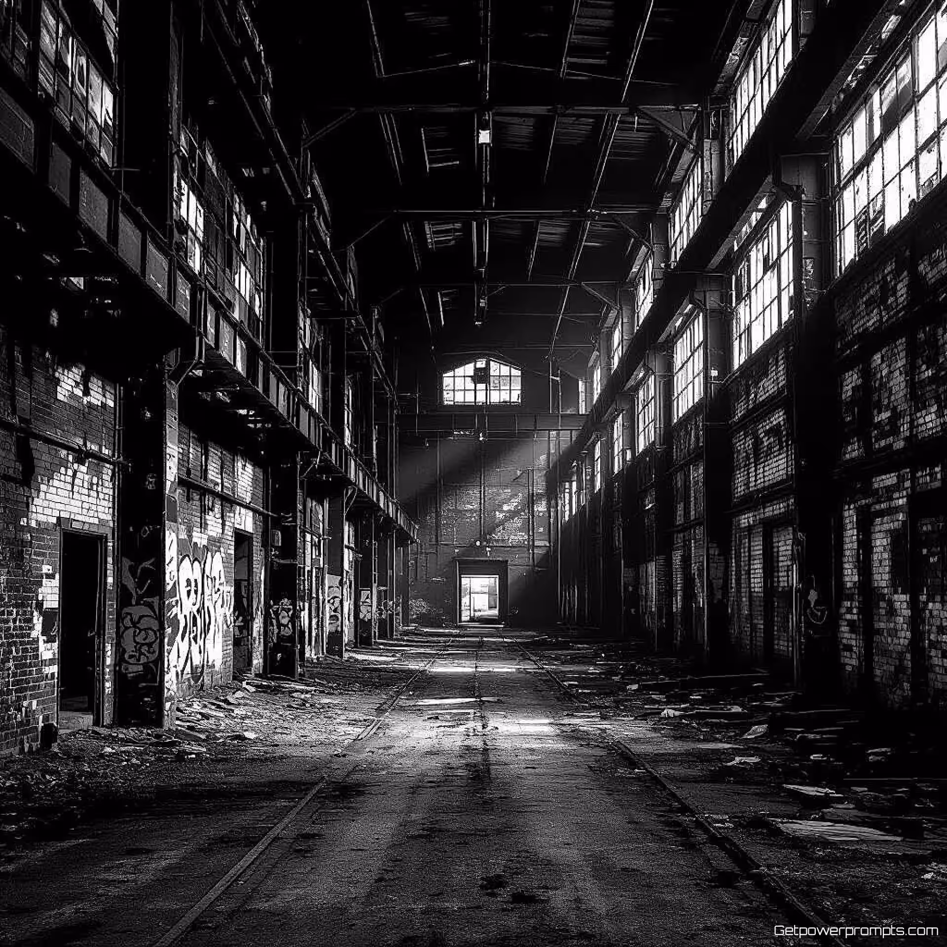 Verlaten fabrieksinterieur, zwart-wit urban exploration fotografie, groothoek perspectief perspectief, dramatische verlichting verlichting, sombere sfeer atmosfeer, verlaten ruimtes, industrieel verval, textuurdetails, hoog contrast monochroom, fine art esthetiek, dramatische schaduwen, professionele kwaliteit