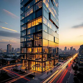 Hedendaagse glazen toren, lange belichting architectuurfotografie, gebouw lichtsporen, achtergrond van het stadscentrum achtergrond, stedelijke omgevingsverlichting verlichting, blauwe en paarse nachtkleuren, geometrische lichtpatronen, architectonische lijnen, stadslandschap, verlengde belichting, dynamische gebouwverlichting, opname vanaf laag standpunt perspectief, futuristische cyberpunk sfeer atmosfeer
