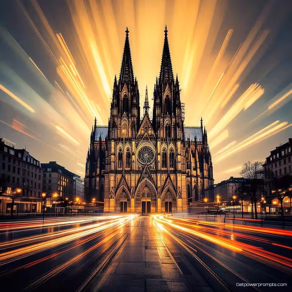 Gotische kathedraal, lange belichting architectuurfotografie, gebouw lichtsporen, achtergrond van het stadscentrum achtergrond, stedelijke omgevingsverlichting verlichting, blauwe en paarse nachtkleuren, geometrische lichtpatronen, architectonische lijnen, stadslandschap, verlengde belichting, dynamische gebouwverlichting, opname vanaf laag standpunt perspectief, futuristische cyberpunk sfeer atmosfeer