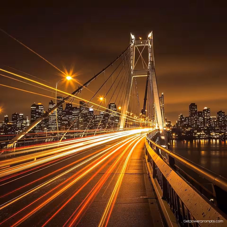 Hangbrug, lange belichting architectuurfotografie, gebouw lichtsporen, achtergrond van het stadscentrum achtergrond, stedelijke omgevingsverlichting verlichting, blauwe en paarse nachtkleuren, geometrische lichtpatronen, architectonische lijnen, stadslandschap, verlengde belichting, dynamische gebouwverlichting, opname vanaf laag standpunt perspectief, futuristische cyberpunk sfeer atmosfeer
