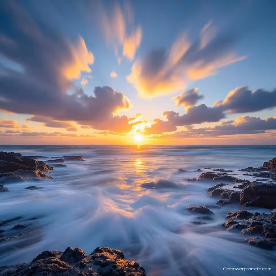 Oceaan kustlijn, langbelichting fotografie, wolkenbewegingspatronen, onweerswolken achtergrond, gouden uur belichting belichting, warme zonsondergang tonen, atmosferische luchtcompositie, verlengde belichtingstijd, dynamische wolkenstrepen, breed perspectief perspectief, dromerige sfeer atmosfeer, time-lapse effect, natuurlijke beweging vastleggen, etherische wolkenformaties