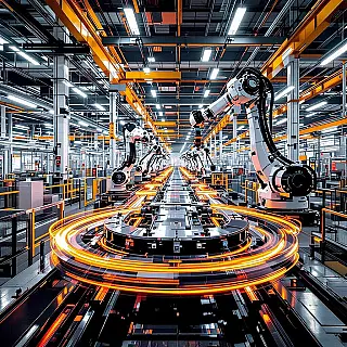 Robotassemblagelijn, lange belichting fotografie, industriële machinebeweging, modern fabrieksinterieur achtergrond, industriële bovenverlichting verlichting, industrieel metaal kleurenschema, mechanische bewegingsonscherpte, fabrieksomgeving, verlengde belichtingstijd, dynamische machinepatronen, atmosferische industriële setting, close-up details perspectief, dramatische sfeer atmosfeer