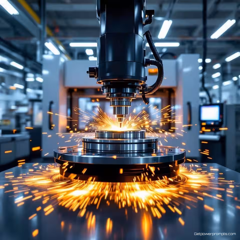 CNC-bewerkingscentrum, lange belichting fotografie, industriële machinebeweging, modern fabrieksinterieur achtergrond, industriële bovenverlichting verlichting, industrieel metaal kleurenschema, mechanische bewegingsonscherpte, fabrieksomgeving, verlengde belichtingstijd, dynamische machinepatronen, atmosferische industriële setting, close-up details perspectief, dramatische sfeer atmosfeer