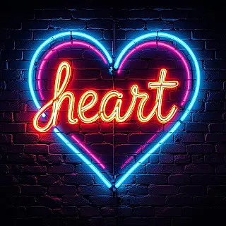 Hartsymbool, langbelichting fotografie, lichtgraffiti kunst, stedelijke bakstenen muur achtergrond, stedelijke straatverlichting verlichting, fel neon spectrum, stedelijk muuroppervlak, gloeiende tekstpatronen, handgetekend lichtschrijven, verlengde belichting, creatieve straatkunst, close-up compositie perspectief, energieke sfeer atmosfeer, dynamische lichtkalligrafie, verlicht stedelijk canvas