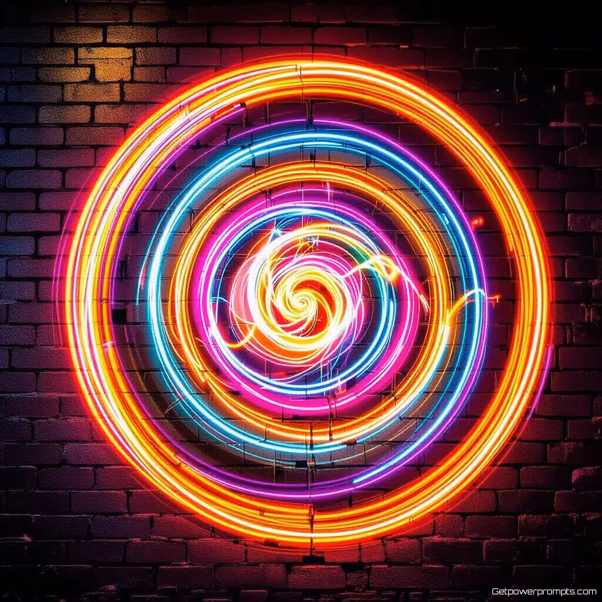 Wervelende lijnen, langbelichting fotografie, lichtgraffiti kunst, stedelijke bakstenen muur achtergrond, stedelijke straatverlichting verlichting, fel neon spectrum, stedelijk muuroppervlak, gloeiende tekstpatronen, handgetekend lichtschrijven, verlengde belichting, creatieve straatkunst, close-up compositie perspectief, energieke sfeer atmosfeer, dynamische lichtkalligrafie, verlicht stedelijk canvas