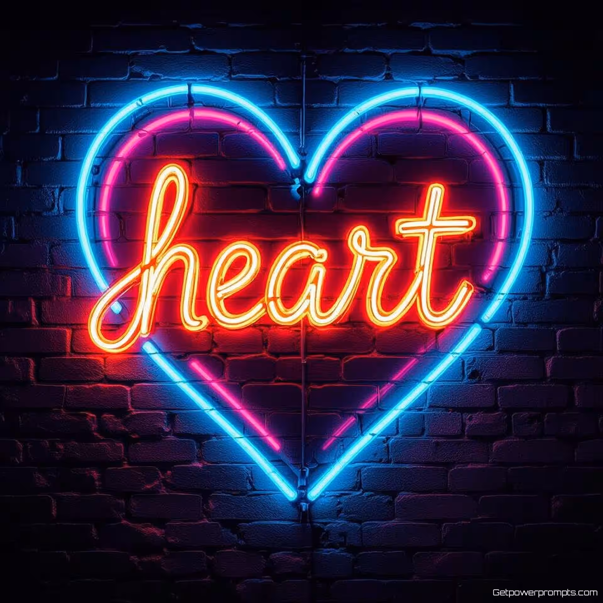 Hartsymbool, langbelichting fotografie, lichtgraffiti kunst, stedelijke bakstenen muur achtergrond, stedelijke straatverlichting verlichting, fel neon spectrum, stedelijk muuroppervlak, gloeiende tekstpatronen, handgetekend lichtschrijven, verlengde belichting, creatieve straatkunst, close-up compositie perspectief, energieke sfeer atmosfeer, dynamische lichtkalligrafie, verlicht stedelijk canvas