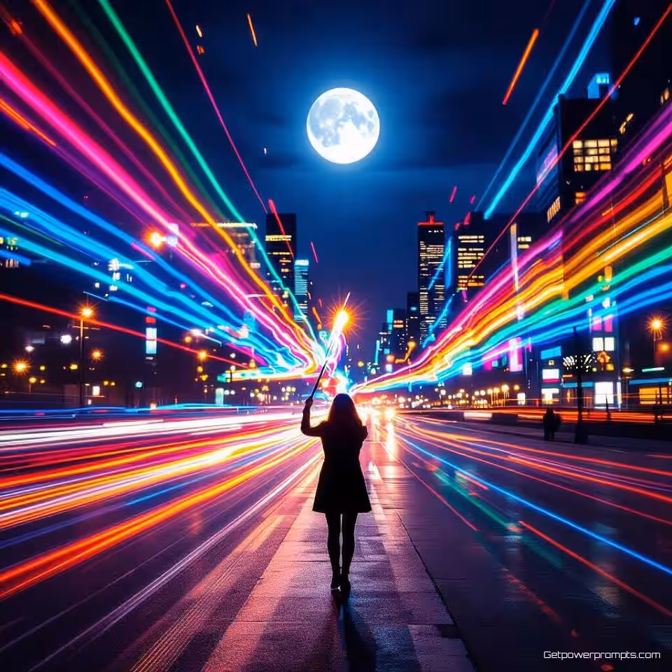 LED-staf, langbelichting fotografie, lichtschilderkunst, stedelijk stadsgezicht achtergrond, maanlicht verlichting, levendige regenboog, bewegingsonscherpe effecten, creatieve lichtsporen, artistieke lichtpatronen, dynamische compositie, nachtfotografie