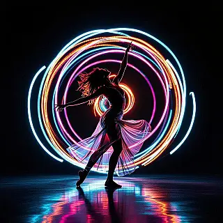 Hedendaagse danser, lange belichting fotografie, lichtschilderen portret, zwarte studiobackground achtergrond, spotlight met schaduwen verlichting, monochroom blauw palet, menselijke figuur met lichtsporen, artistieke beweging vastgelegd, gloeiende lichtpatronen rond onderwerp, verlengde belichting, creatief portret, close-up gezichtsportret perspectief, dromerige etherische sfeer atmosfeer, dynamische menselijke interactie met licht