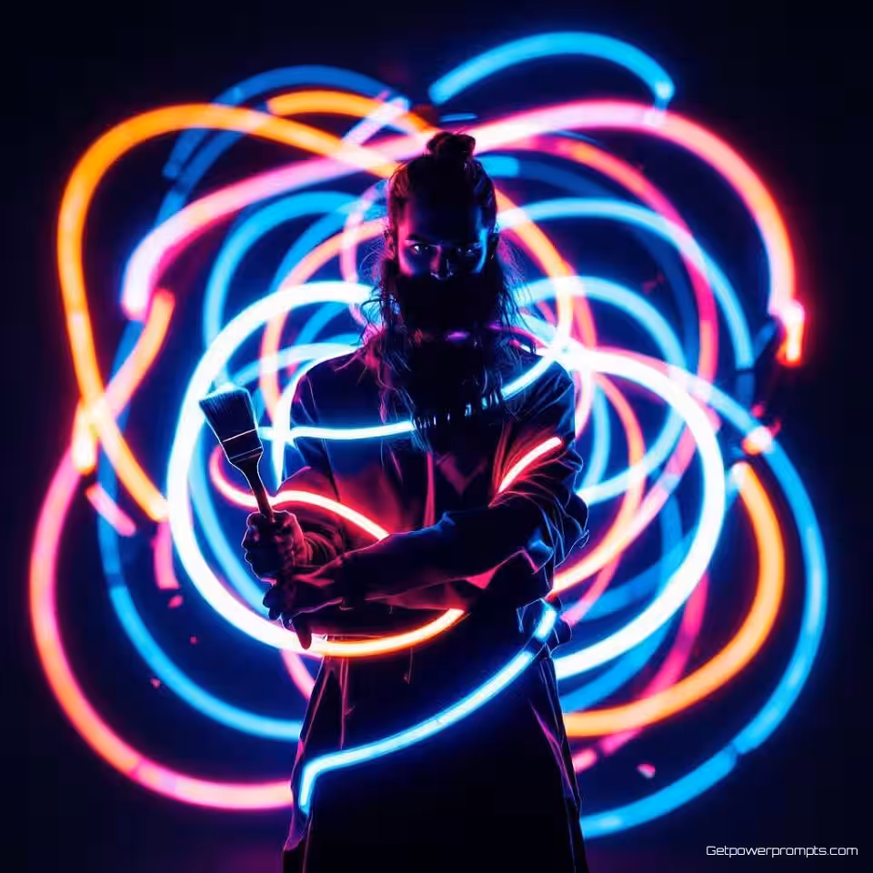 Schilder met penseel, lange belichting fotografie, lichtschilderen portret, zwarte studiobackground achtergrond, spotlight met schaduwen verlichting, monochroom blauw palet, menselijke figuur met lichtsporen, artistieke beweging vastgelegd, gloeiende lichtpatronen rond onderwerp, verlengde belichting, creatief portret, close-up gezichtsportret perspectief, dromerige etherische sfeer atmosfeer, dynamische menselijke interactie met licht