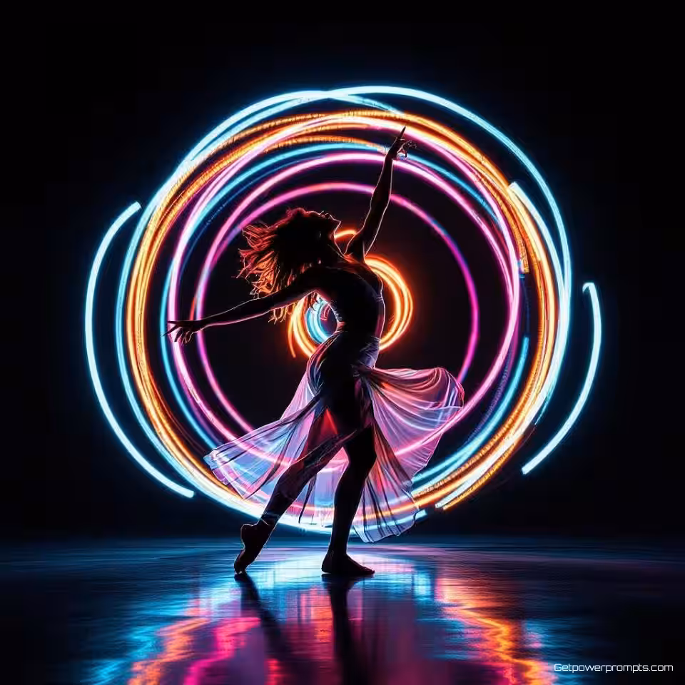 Hedendaagse danser, lange belichting fotografie, lichtschilderen portret, zwarte studiobackground achtergrond, spotlight met schaduwen verlichting, monochroom blauw palet, menselijke figuur met lichtsporen, artistieke beweging vastgelegd, gloeiende lichtpatronen rond onderwerp, verlengde belichting, creatief portret, close-up gezichtsportret perspectief, dromerige etherische sfeer atmosfeer, dynamische menselijke interactie met licht