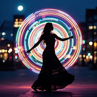 Silhouet figuur met LED poi, lange belichting fotografie, LED poi draaien, stedelijke nacht achtergrond achtergrond, maanlicht ambient verlichting, regenboog spectrum, cirkelvormige lichtpatronen, kinetische lichtkunst, draaiende bewegingssporen, verlengde belichting, dynamische lichtperformance, dynamische hoek perspectief, energieke sfeer atmosfeer, gloeiende bolsporen, ritmische beweging vastgelegd
