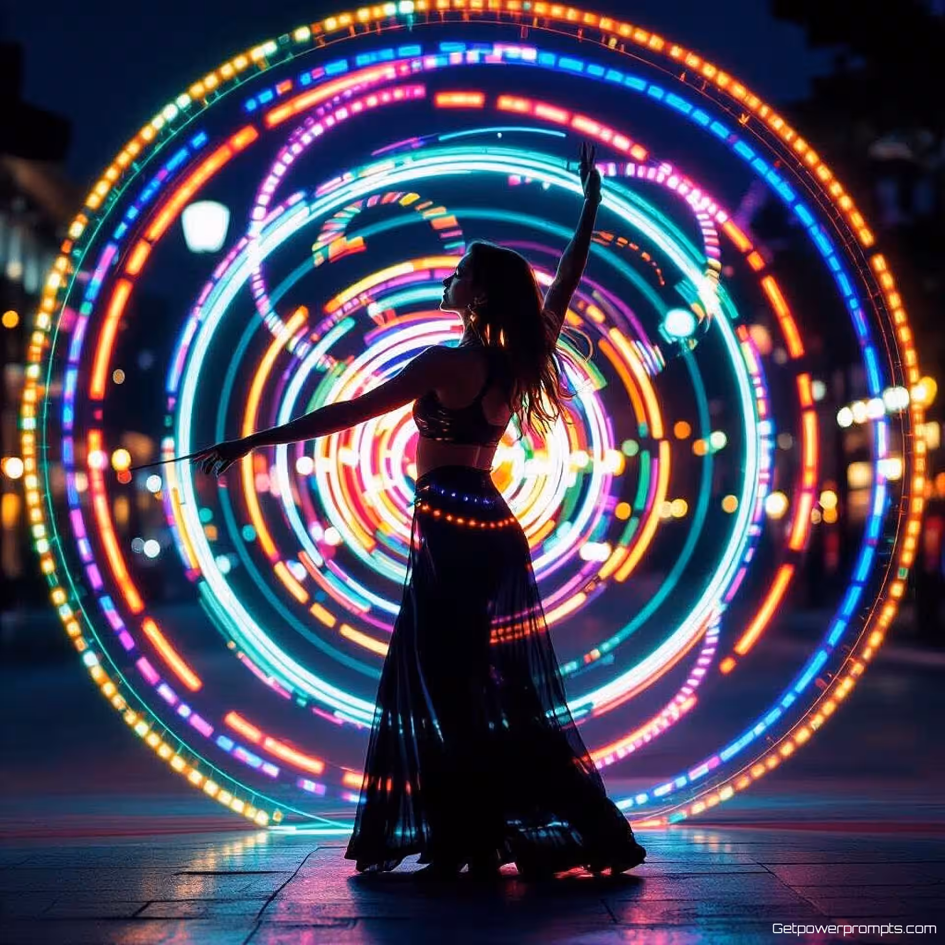 Performance artiest die LED lichten draait, lange belichting fotografie, LED poi draaien, stedelijke nacht achtergrond achtergrond, maanlicht ambient verlichting, regenboog spectrum, cirkelvormige lichtpatronen, kinetische lichtkunst, draaiende bewegingssporen, verlengde belichting, dynamische lichtperformance, dynamische hoek perspectief, energieke sfeer atmosfeer, gloeiende bolsporen, ritmische beweging vastgelegd