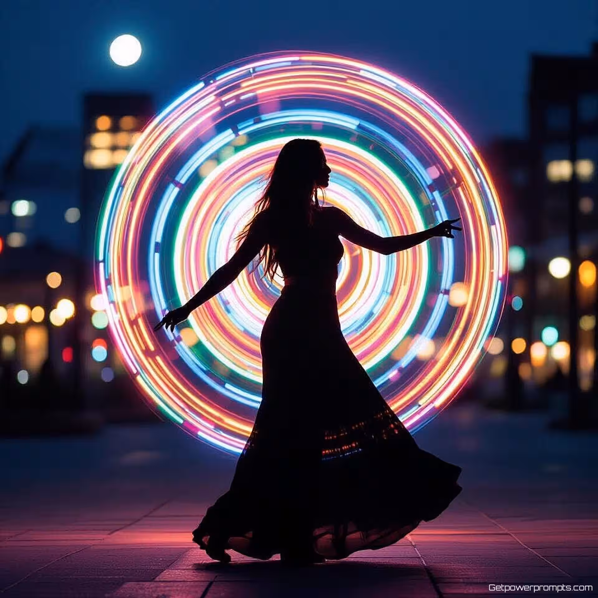 Silhouet figuur met LED poi, lange belichting fotografie, LED poi draaien, stedelijke nacht achtergrond achtergrond, maanlicht ambient verlichting, regenboog spectrum, cirkelvormige lichtpatronen, kinetische lichtkunst, draaiende bewegingssporen, verlengde belichting, dynamische lichtperformance, dynamische hoek perspectief, energieke sfeer atmosfeer, gloeiende bolsporen, ritmische beweging vastgelegd