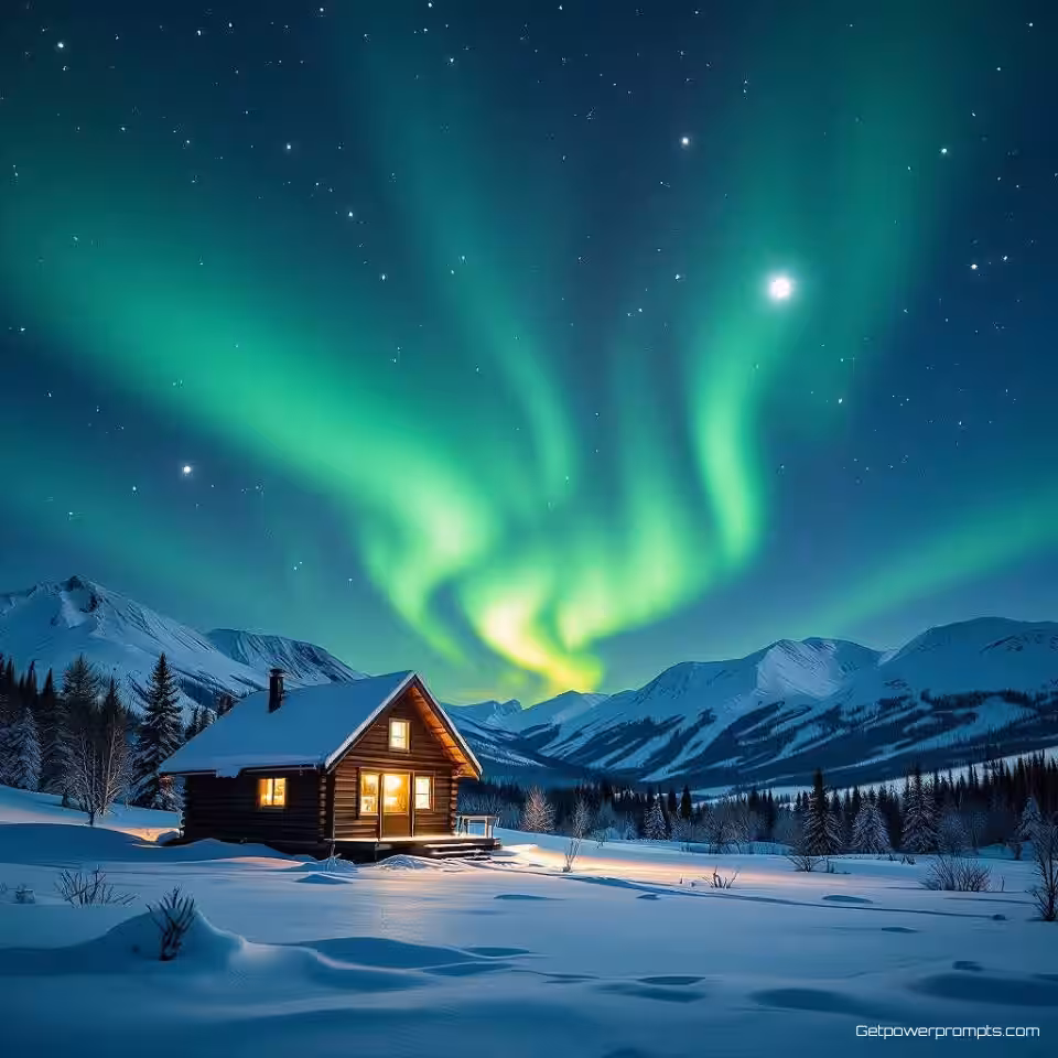 Gezellige hut onder dansende lichten, lange belichting aurora borealis fotografie, besneeuwde bergketen achtergrond, zachte maanlichtverlichting verlichting, groene en paarse auroragolven, dansende lichtpatronen, atmosferische nachtelijke hemel, verlengde belichtingstijd, hemelse lichtshow, uitgebreid landschapsperspectief perspectief, dromerige nachtelijke sfeer atmosfeer, natuurlijke fenomenen vastleggen, levendige auroragordijnen