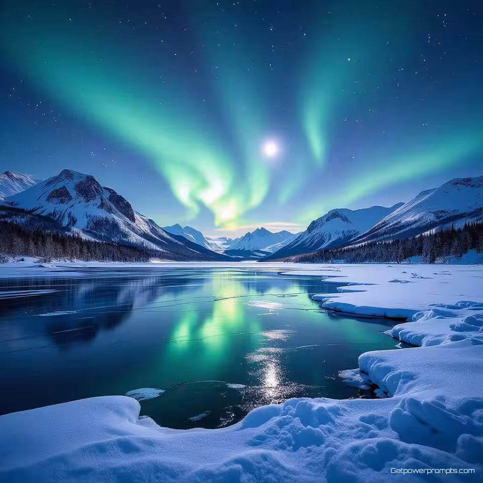 Bevroren meer met aurora reflectie, lange belichting aurora borealis fotografie, besneeuwde bergketen achtergrond, zachte maanlichtverlichting verlichting, groene en paarse auroragolven, dansende lichtpatronen, atmosferische nachtelijke hemel, verlengde belichtingstijd, hemelse lichtshow, uitgebreid landschapsperspectief perspectief, dromerige nachtelijke sfeer atmosfeer, natuurlijke fenomenen vastleggen, levendige auroragordijnen