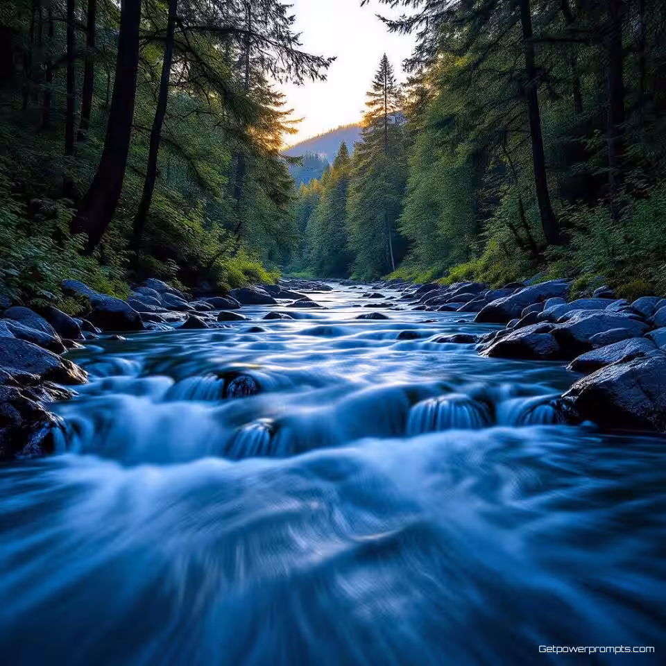 Stromende rivierstroomversnellingen, lange belichting fotografie, stromend water effecten, dicht bos achtergrond, gouden uur belichting belichting, koele blauwe tonen, zijdezacht water textuur, bewegingsonscherpte, natuurlijke elementen, serene sfeer, glad wateroppervlak