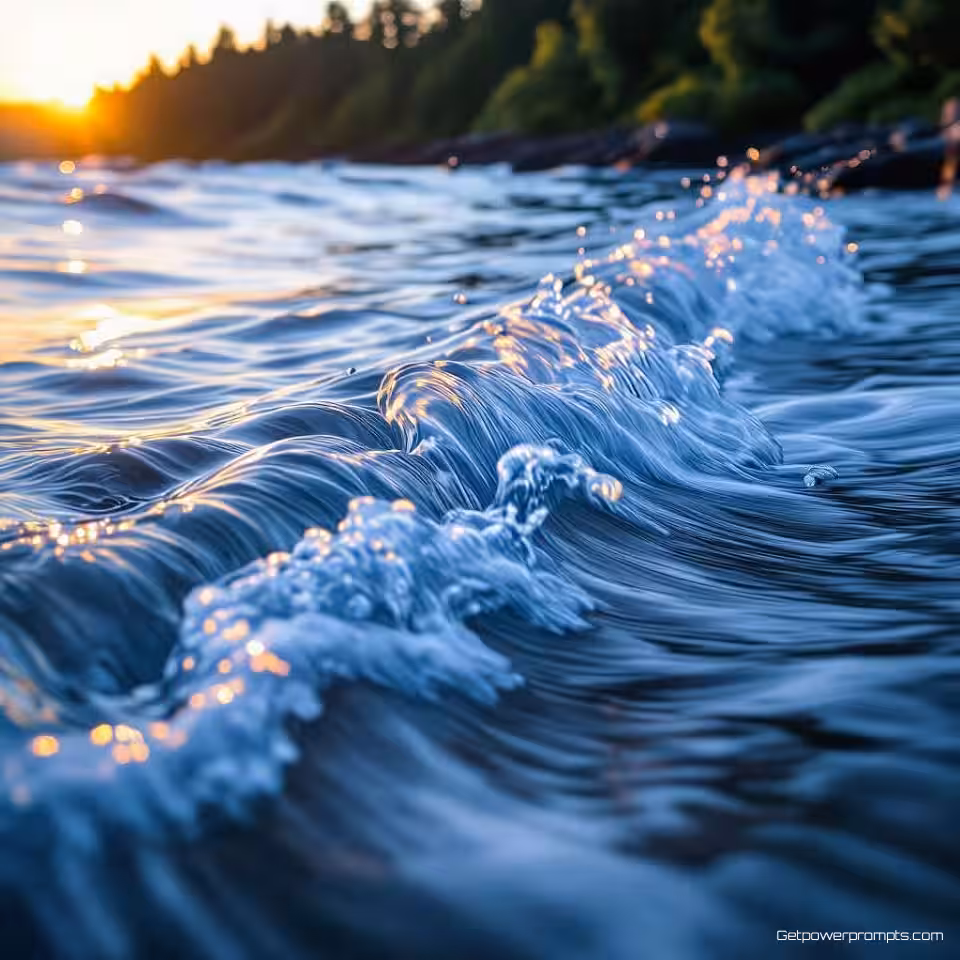 Brekende oceaangolven, lange belichting fotografie, stromend water effecten, dicht bos achtergrond, gouden uur belichting belichting, koele blauwe tonen, zijdezacht water textuur, bewegingsonscherpte, natuurlijke elementen, serene sfeer, glad wateroppervlak