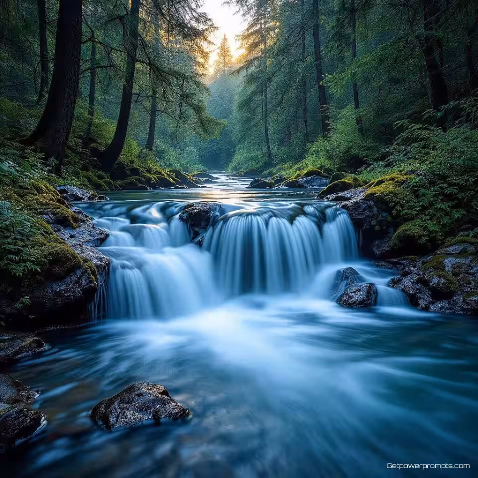 Bergwaterval, lange belichting fotografie, stromend water effecten, dicht bos achtergrond, gouden uur belichting belichting, koele blauwe tonen, zijdezacht water textuur, bewegingsonscherpte, natuurlijke elementen, serene sfeer, glad wateroppervlak