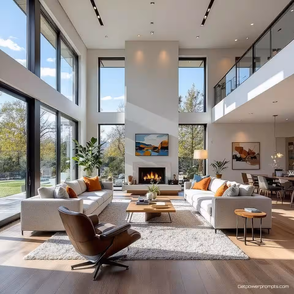 Moderne woonkamer, HDR-fotografie, modern minimalistisch interieur, natuurlijk daglicht verlichting, verbeterd dynamisch bereik, gedetailleerde texturen, groothoek overzicht perspectief, professionele interieurfotografie, levendige kleuren, scherpe architectonische details