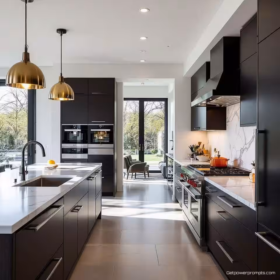 Luxe keuken, HDR-fotografie, modern minimalistisch interieur, natuurlijk daglicht verlichting, verbeterd dynamisch bereik, gedetailleerde texturen, groothoek overzicht perspectief, professionele interieurfotografie, levendige kleuren, scherpe architectonische details