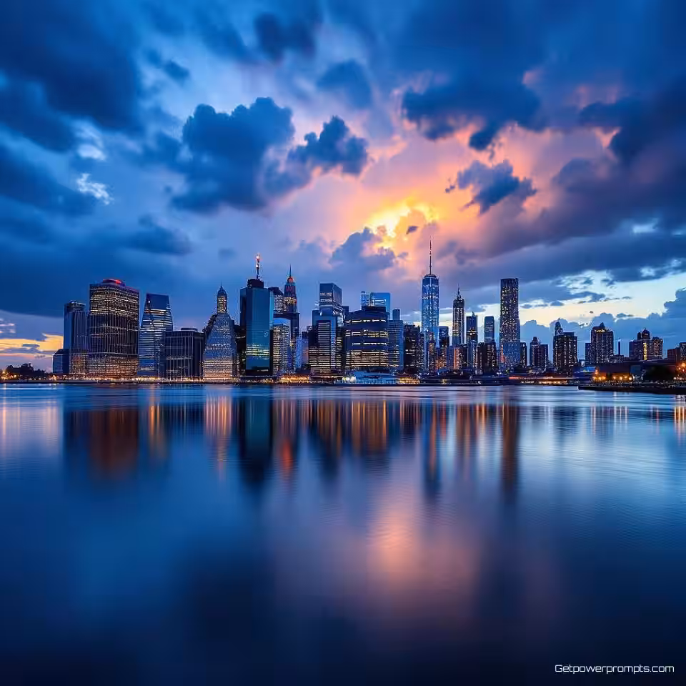 Stedelijke skyline bij schemering, HDR fotografie, stormachtige dramatische verlichting belichting, dramatische sfeer, groothoekcompositie, koel blauw kleurenpalet, verbeterd dynamisch bereik, levendige kleuren, professionele landschapsfotografie, scherpe details, hoog contrast