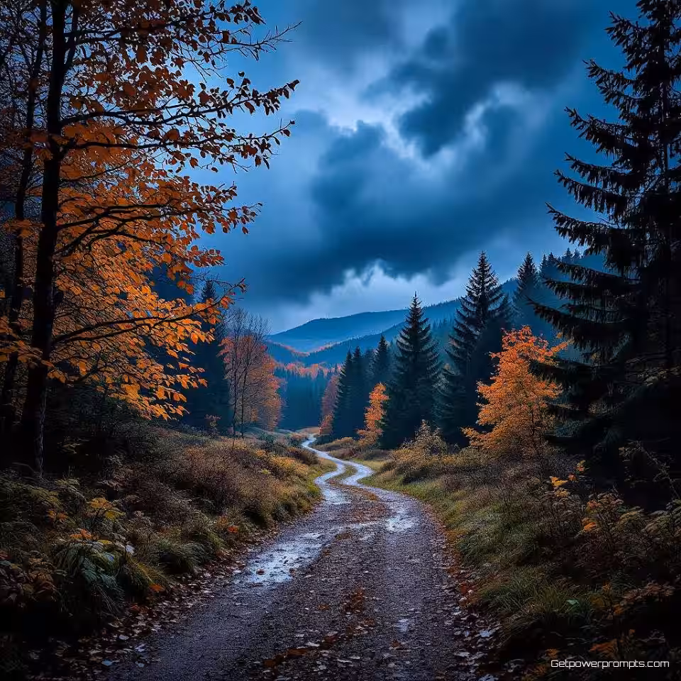 Bospad in de herfst, HDR fotografie, stormachtige dramatische verlichting belichting, dramatische sfeer, groothoekcompositie, koel blauw kleurenpalet, verbeterd dynamisch bereik, levendige kleuren, professionele landschapsfotografie, scherpe details, hoog contrast