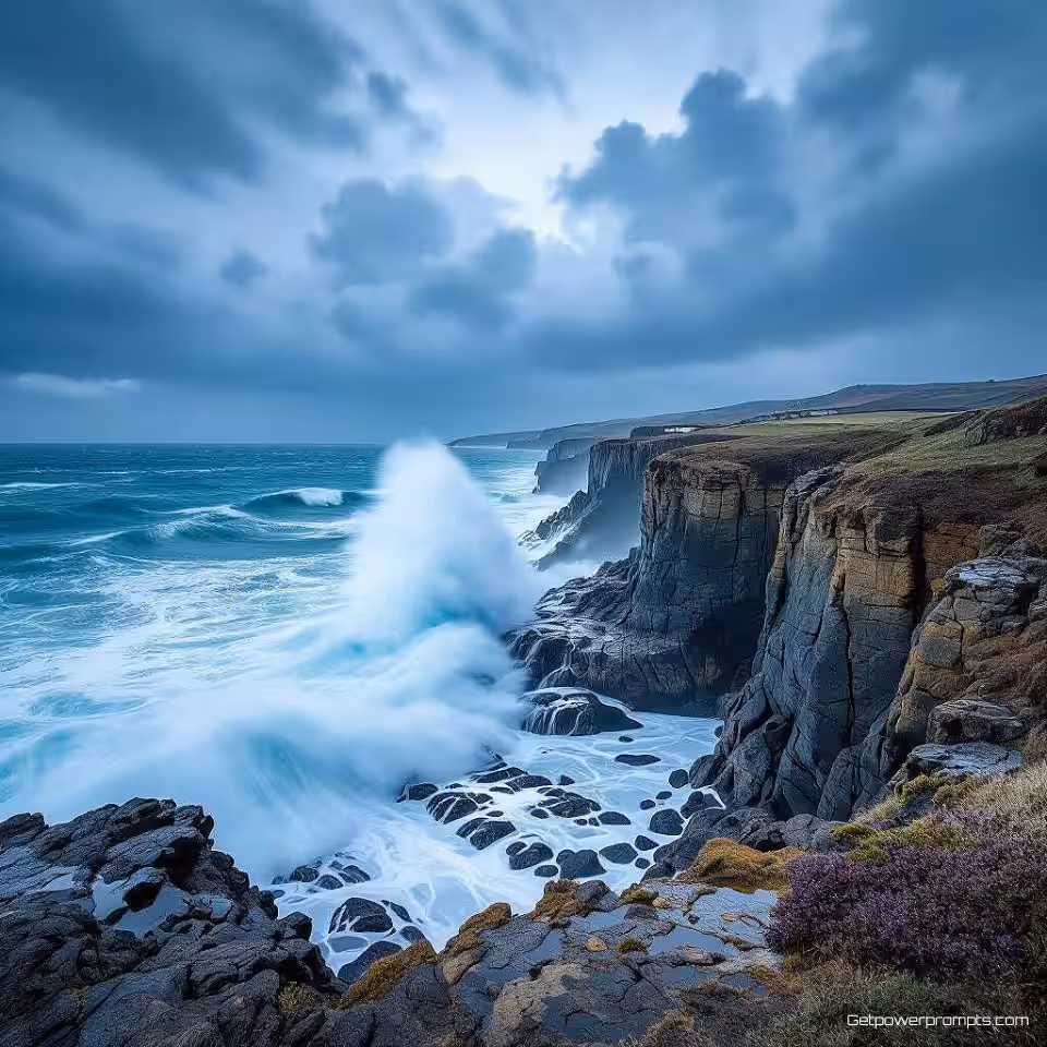 Kustkliffen met oceaangolven, HDR fotografie, stormachtige dramatische verlichting belichting, dramatische sfeer, groothoekcompositie, koel blauw kleurenpalet, verbeterd dynamisch bereik, levendige kleuren, professionele landschapsfotografie, scherpe details, hoog contrast