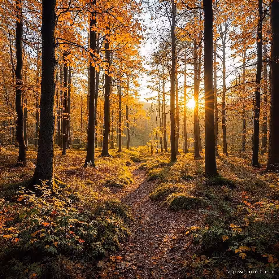 Bos, HDR-fotografie, gouden uur belichting, verbeterd dynamisch bereik, groothoek perspectief, gedetailleerde texturen, aards, natuurlijke omgeving, levendig contrast, professionele natuurfotografie