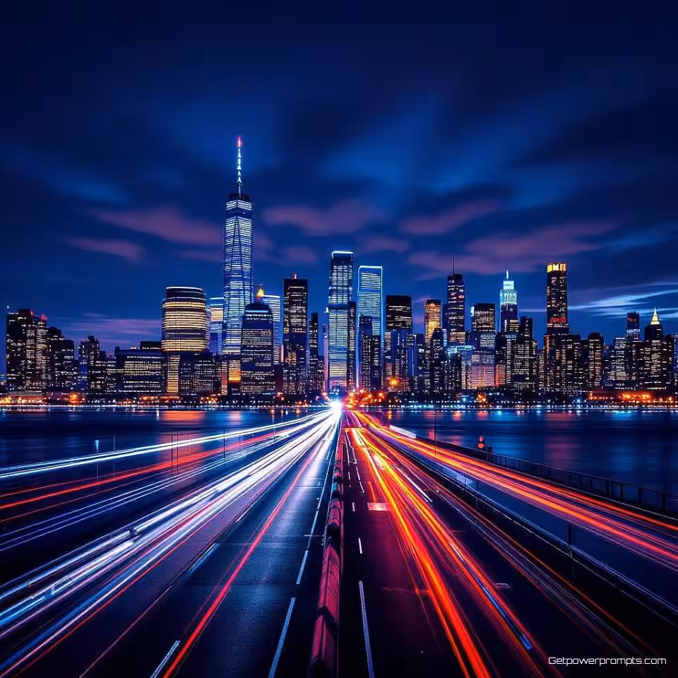 Stedelijke skyline met wolkenkrabbers, HDR-fotografie, stedelijke stadslichten verlichting, dramatische nachtsfeer, verbeterd dynamisch bereik, groothoek landschap perspectief, gedetailleerde texturen, professionele nachtfotografie, levendig contrast, scherpe details, lange belichtingseffect