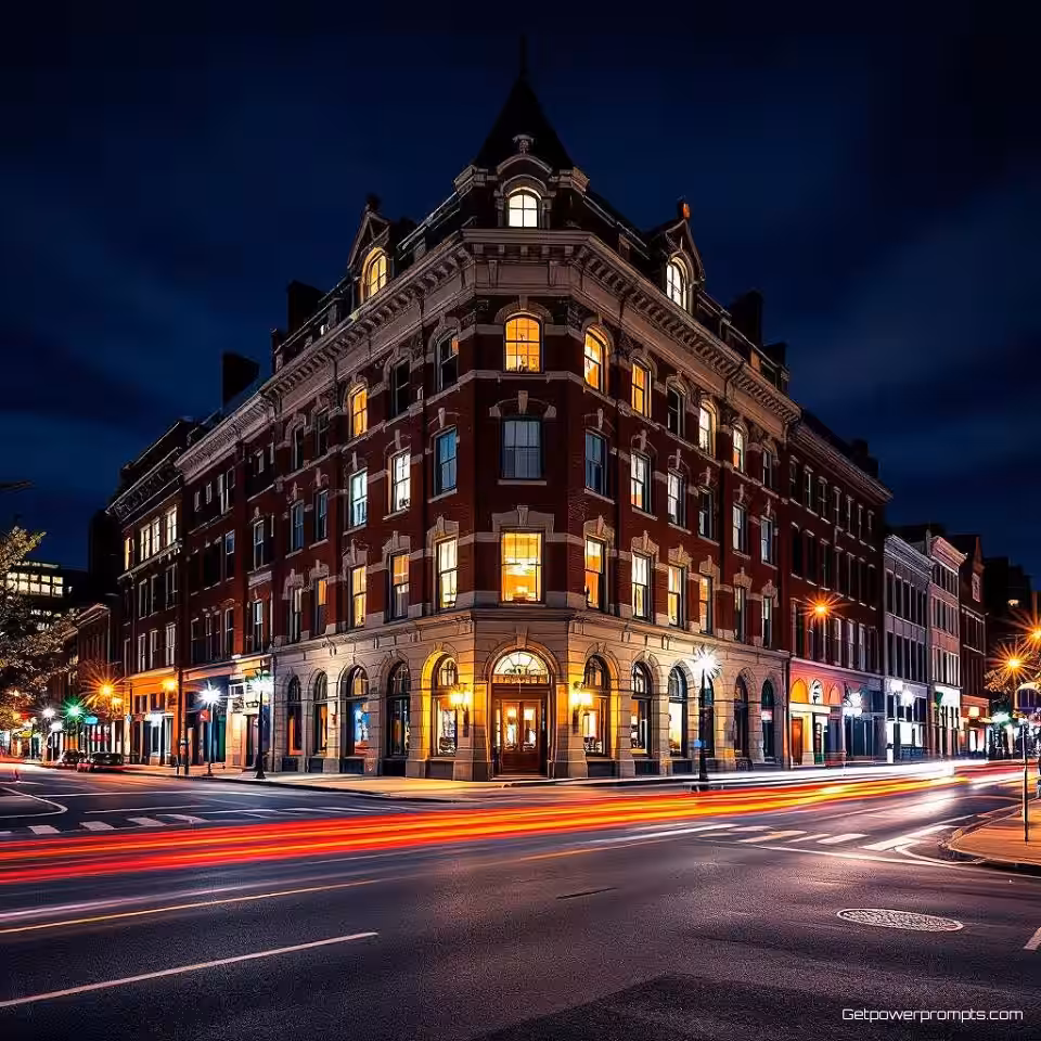 Historisch gebouw 's nachts, HDR-fotografie, stedelijke stadslichten verlichting, dramatische nachtsfeer, verbeterd dynamisch bereik, groothoek landschap perspectief, gedetailleerde texturen, professionele nachtfotografie, levendig contrast, scherpe details, lange belichtingseffect