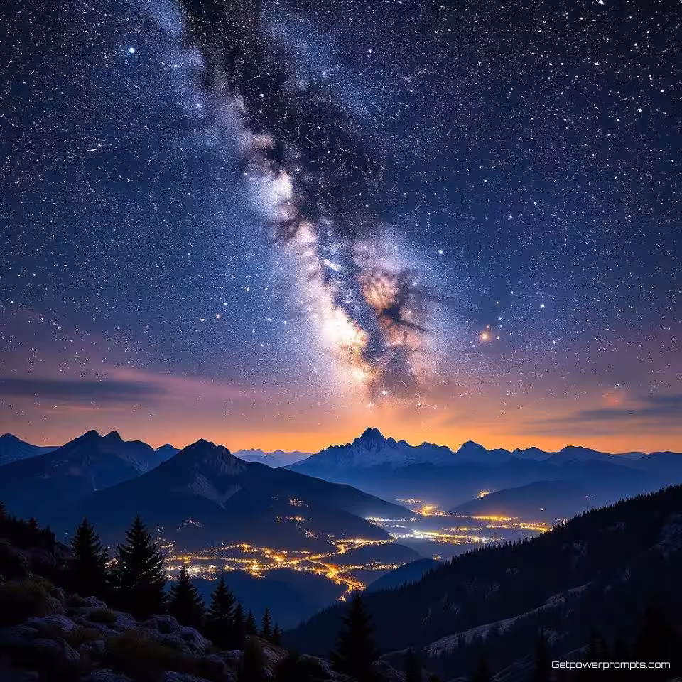 Melkweg boven bergen, HDR-fotografie, stedelijke stadslichten verlichting, dramatische nachtsfeer, verbeterd dynamisch bereik, groothoek landschap perspectief, gedetailleerde texturen, professionele nachtfotografie, levendig contrast, scherpe details, lange belichtingseffect