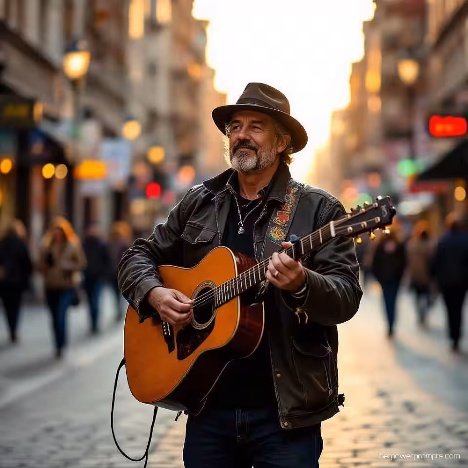 Straatmuzikant met gitaar, HDR straatfotografie, energiek sfeer, gouden uur belichting, verbeterd dynamisch bereik, ooghoogte perspectief, spontane straatstijl, gedetailleerde stedelijke texturen, professionele documentaire fotografie, levendige kleuren, scherpe details, dramatische straattaferelen
