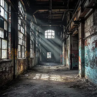 Verlaten fabrieksinterieur, HDR-fotografie, industrieel verval omgeving, dramatische sfeer van stedelijk verval, dramatisch raamlicht verlichting, verbeterd dynamisch bereik, breedhoekperspectief perspectief, gedetailleerde verweerde texturen, professionele urban exploration fotografie, levendige vervalkleuren, scherpe structurele details, dramatische sfeer, atmosferische stofdeeltjes