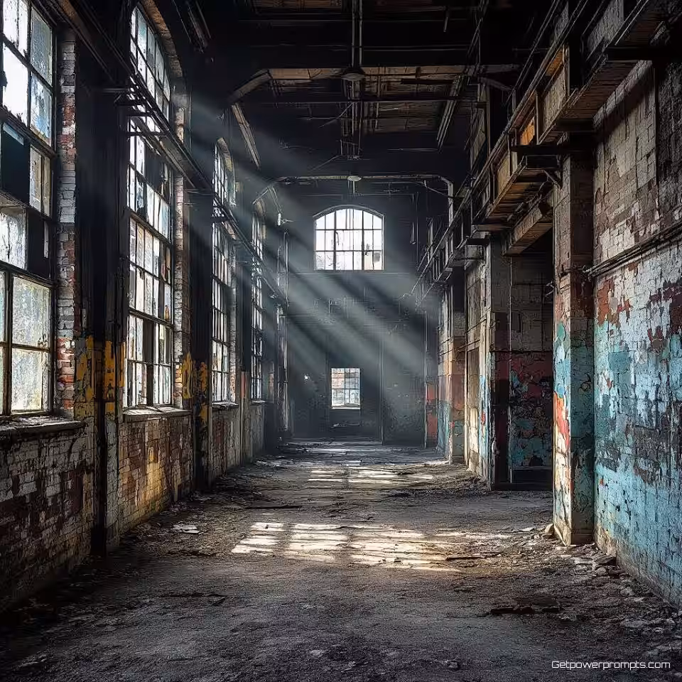 Verlaten fabrieksinterieur, HDR-fotografie, industrieel verval omgeving, dramatische sfeer van stedelijk verval, dramatisch raamlicht verlichting, verbeterd dynamisch bereik, breedhoekperspectief perspectief, gedetailleerde verweerde texturen, professionele urban exploration fotografie, levendige vervalkleuren, scherpe structurele details, dramatische sfeer, atmosferische stofdeeltjes